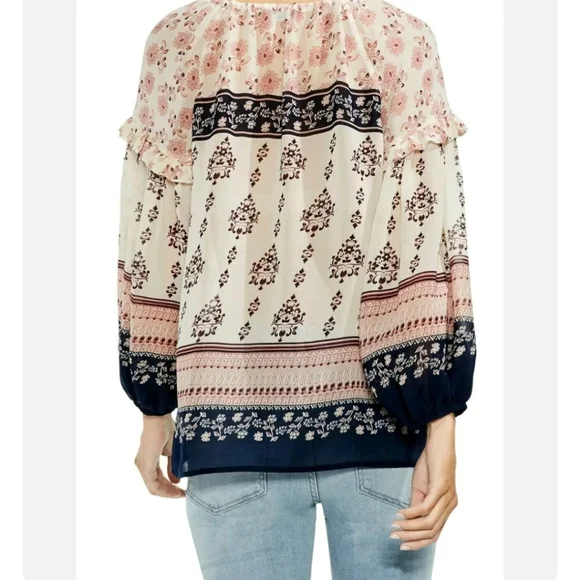 Vince Camuto Beige Cream Boho Paisley Semi Sheer Tie V-Neck Blouse SZ M - Picture 2 of 15